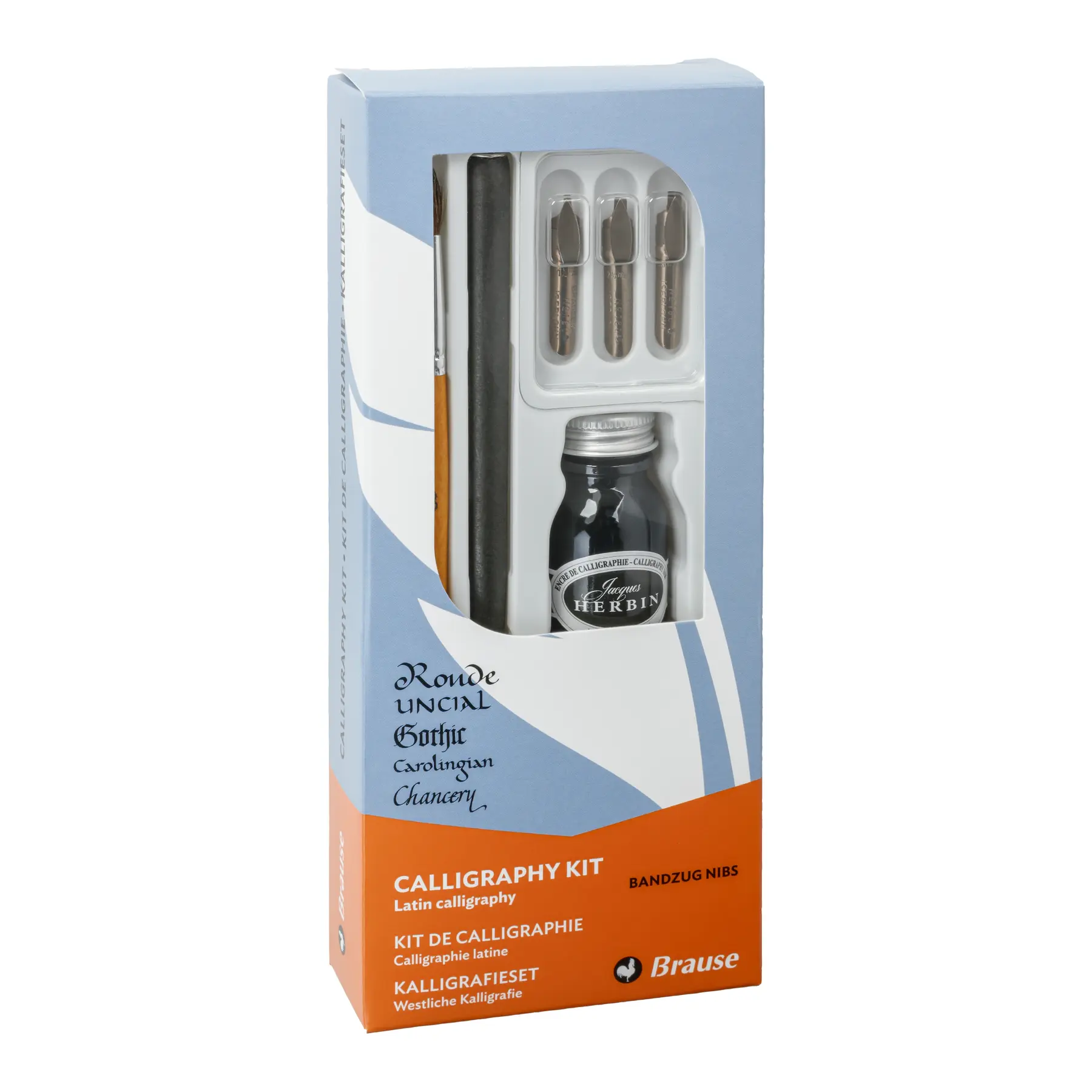 Kit de calligraphie avec 1 porte-plume en bois, 3 plumes Bandzug, 1 pinceau et 1 flacon d'encre de calligraphie Brause
