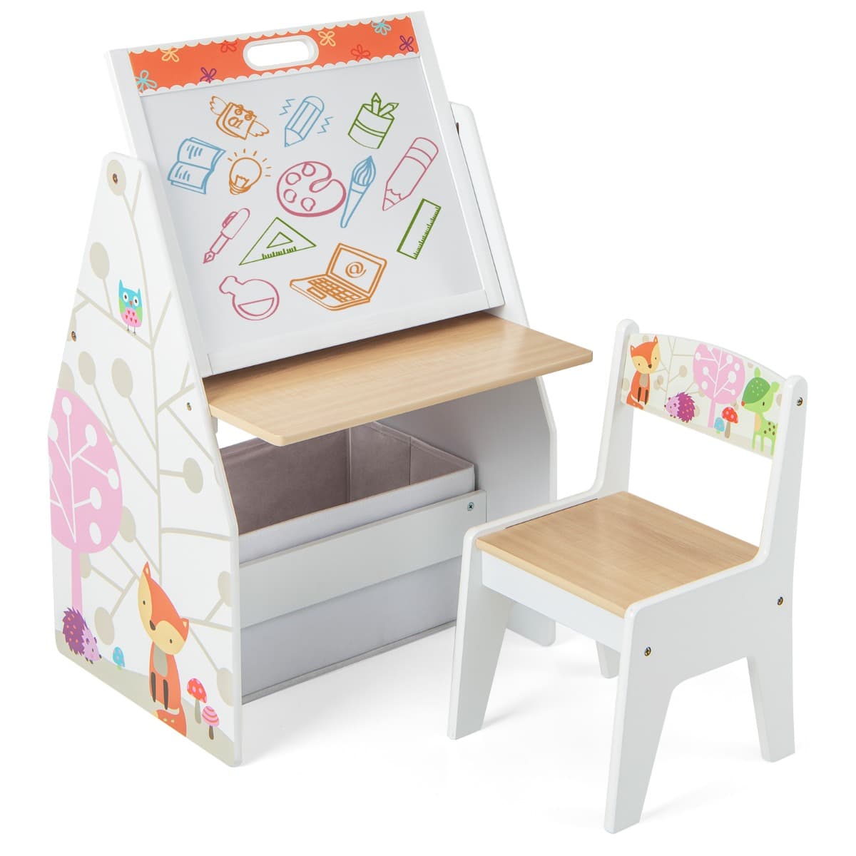 CostwayChevalet Artistique Double Face pour Enfants & Station de Jeu Ensemble Table et Chaise avec Tableau/Blanc Bac en Tissu & Étagère à Livres Blanc